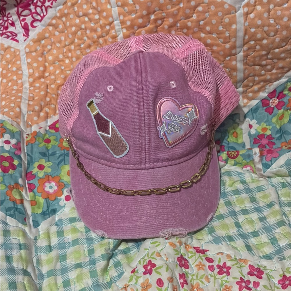 Kids Pink Cap with Fun Patches and Chain